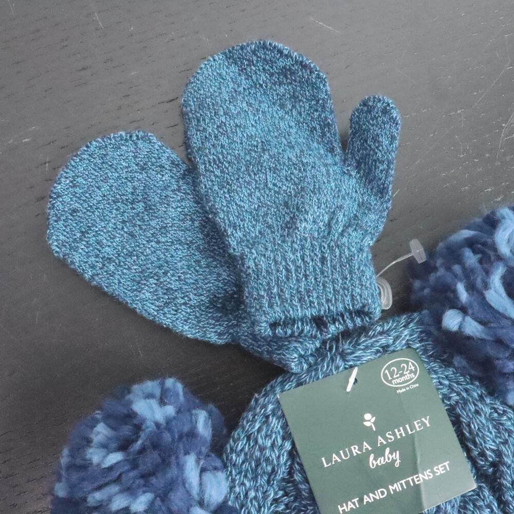 Laura Ashley Baby 12–24M Blue Knit Pom Pom Hat Mittens Set New Defects - Picture 3 of 6